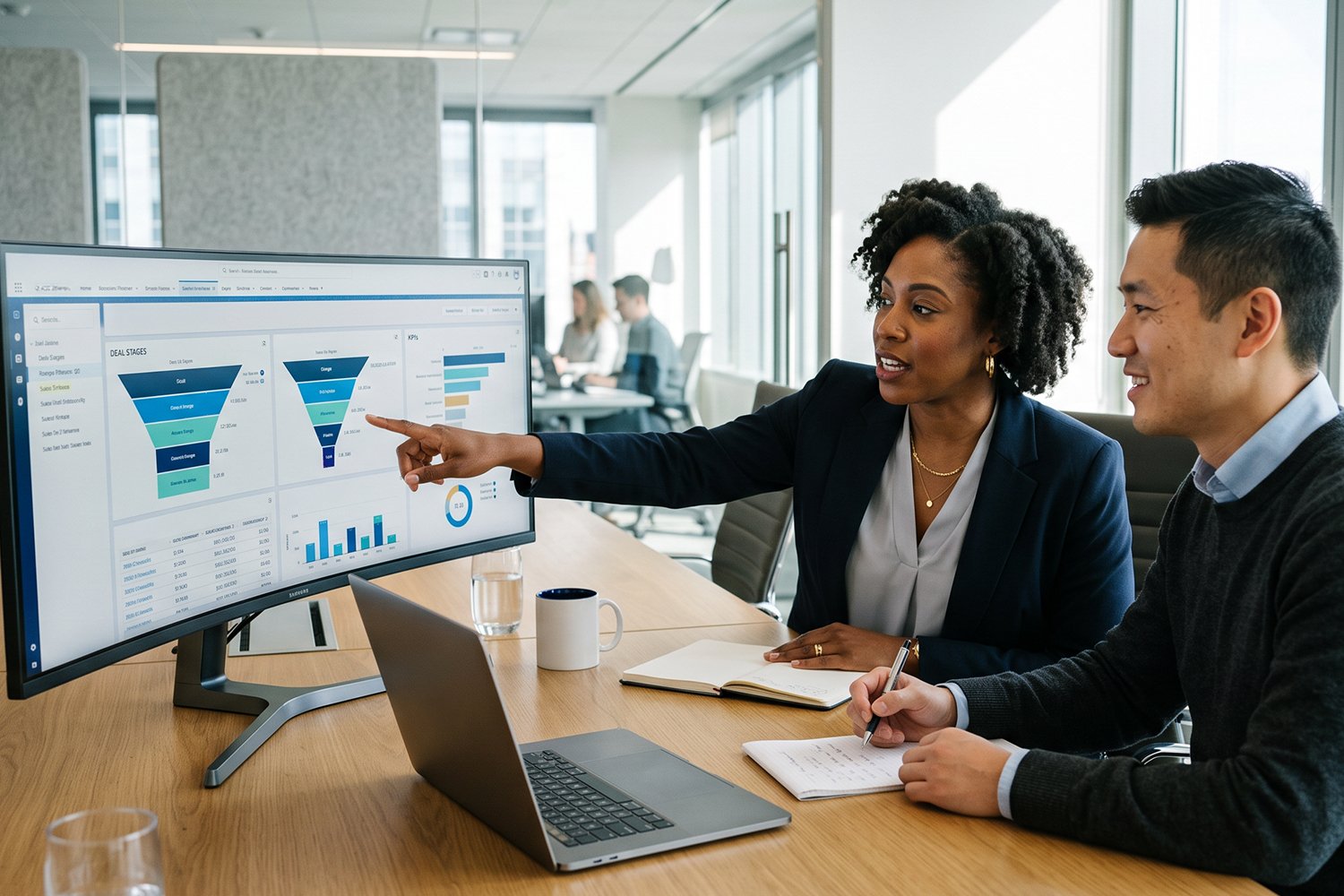 Two professionals collaborating on data and charts on a desktop computer