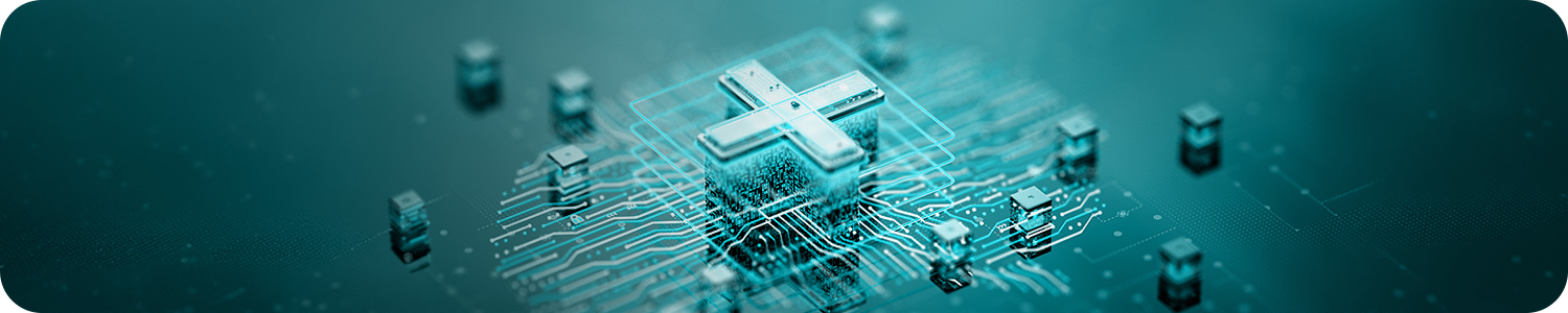 Healthcare blue glowing cross and digital circuits
