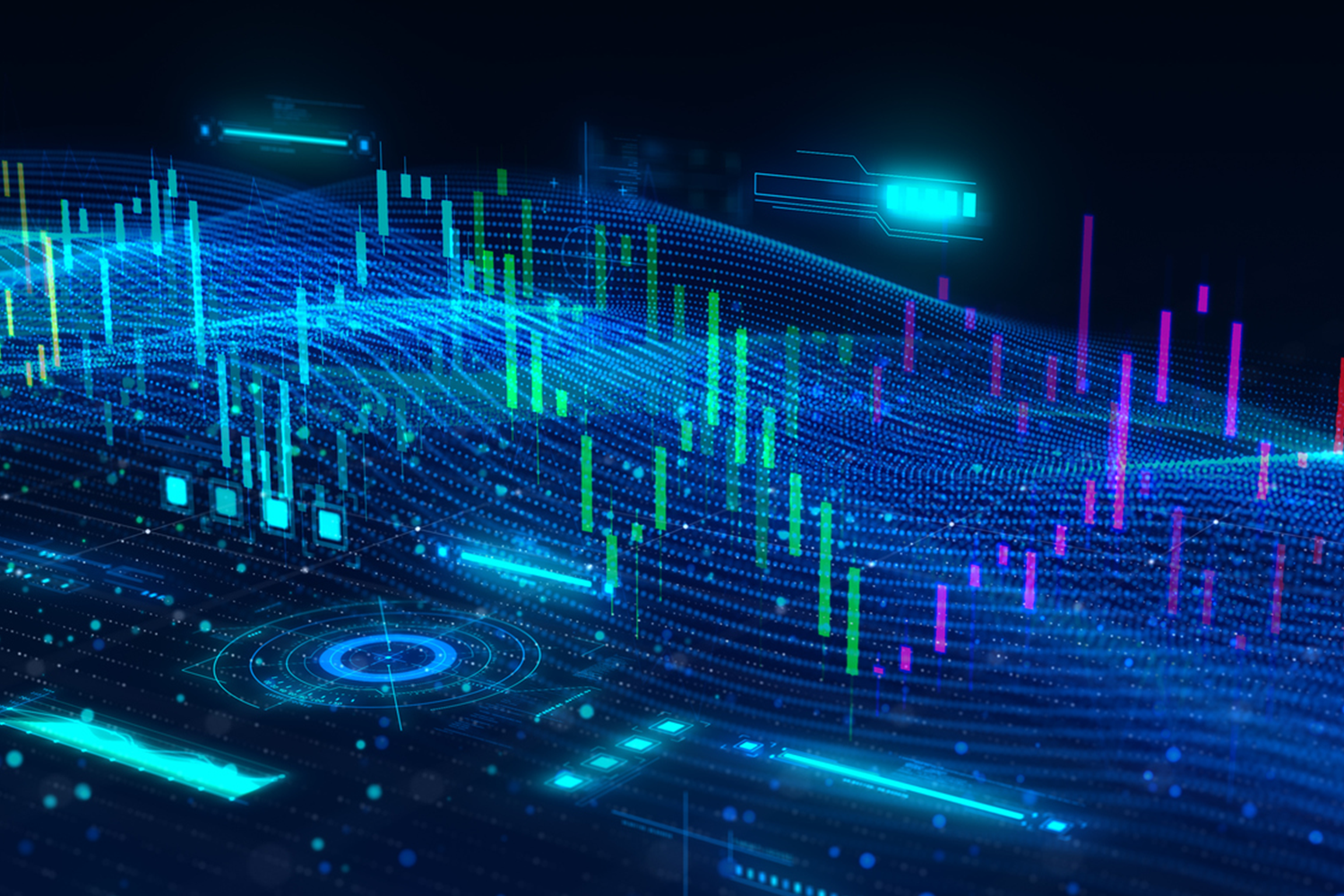Glowing data waves and charts