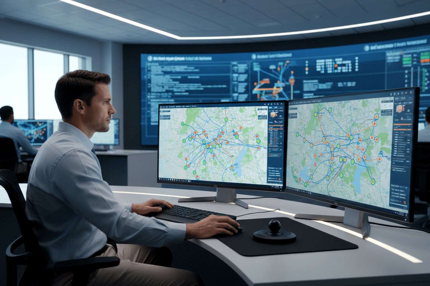 Man working on two computer monitors
