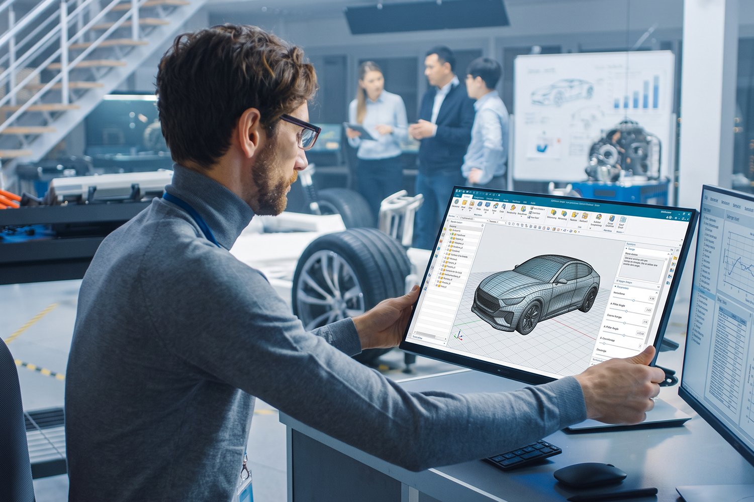 A man designing a car on a desktop computer