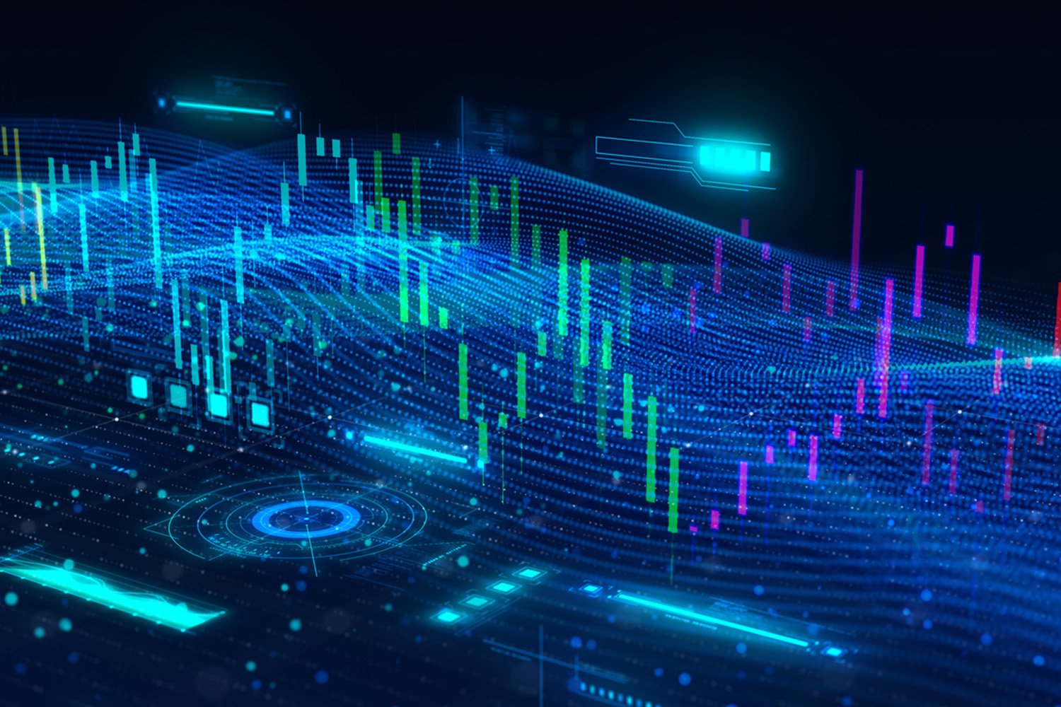 Glowing data waves and charts