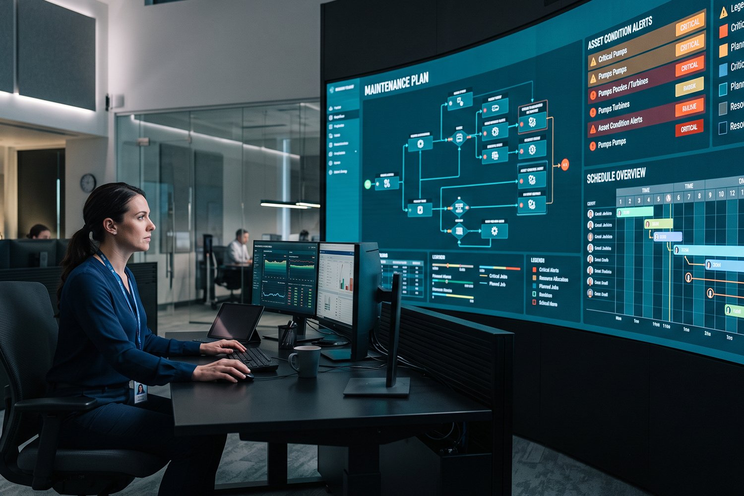 A woman in a suit analyzing data on a large screen