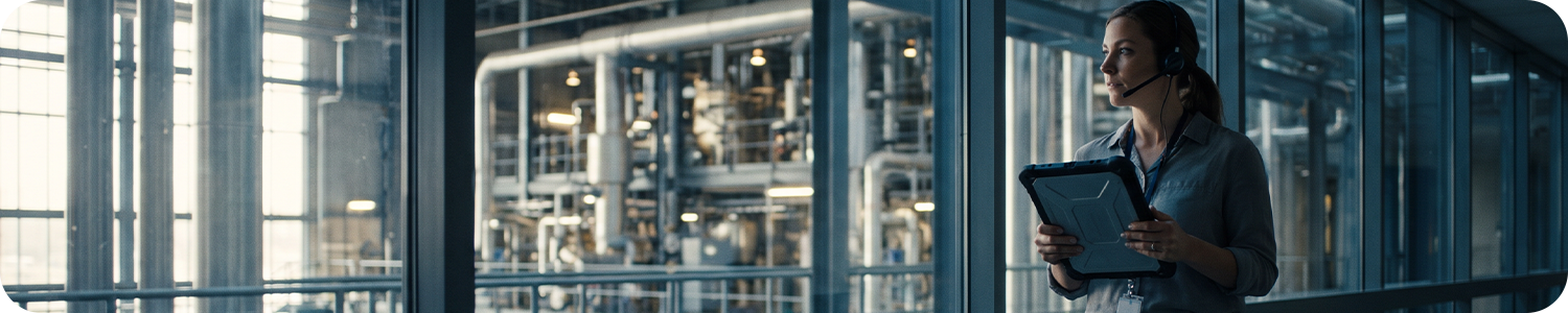 A woman in a utility plant with a headset and smart tablet