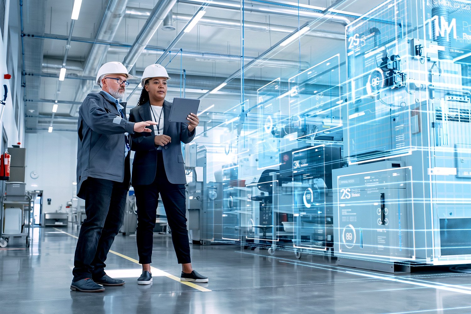 Two people in hard hats using AI