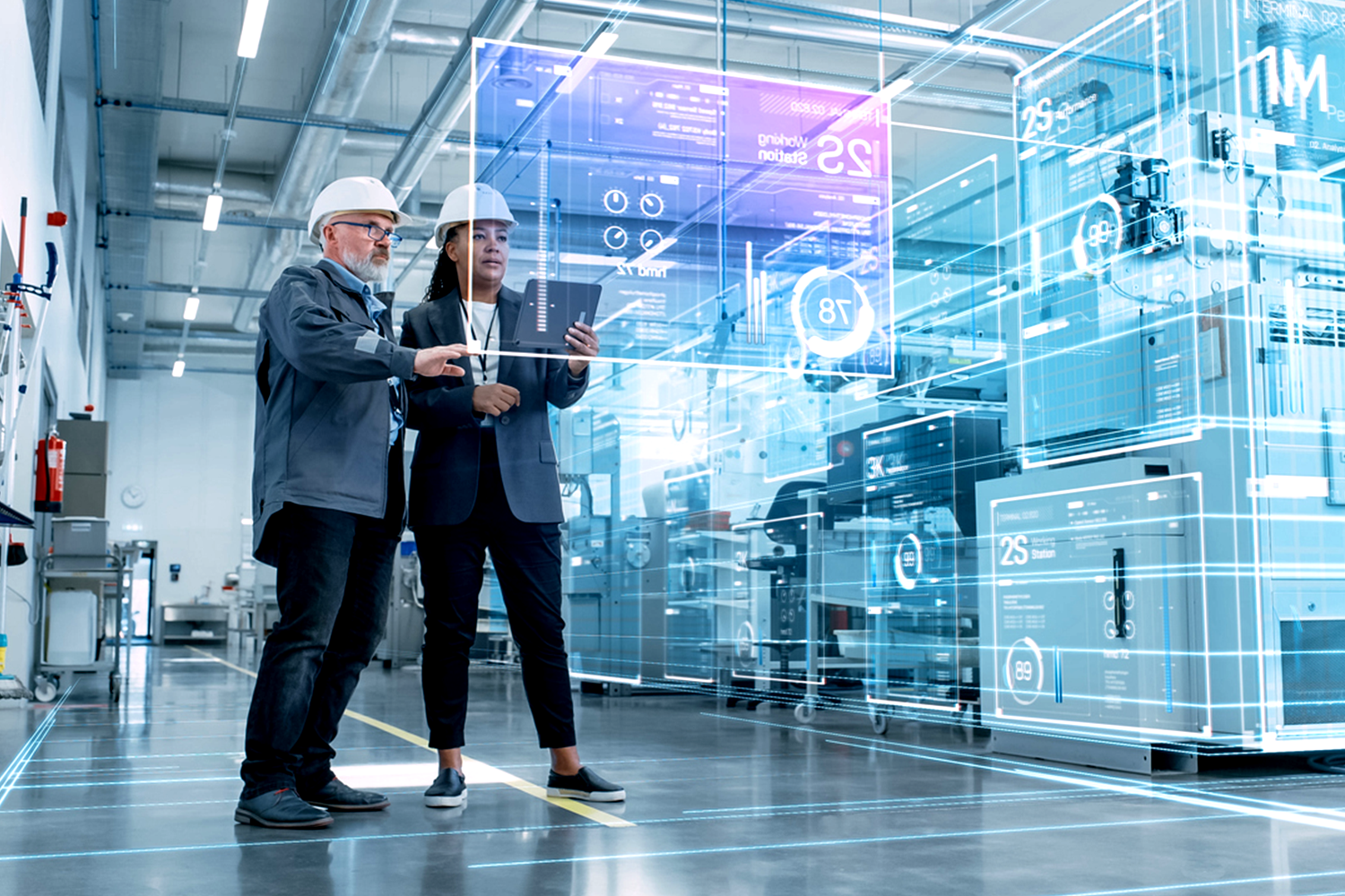 Two people in hard hats using AI