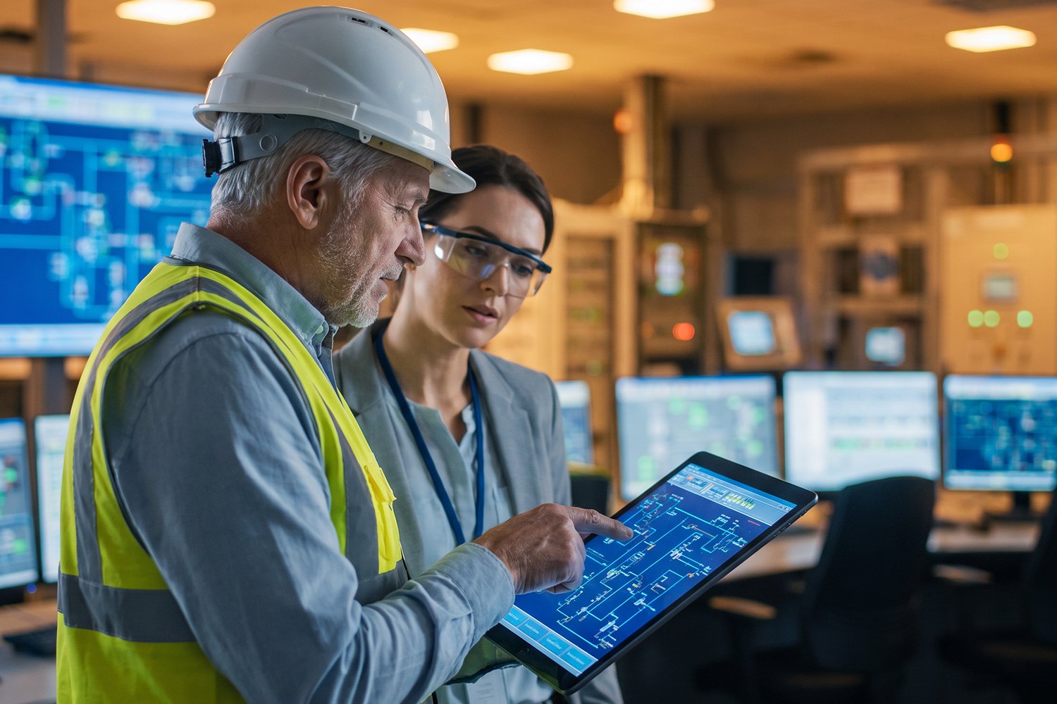 2 utility workers collaborating on a smart tablet