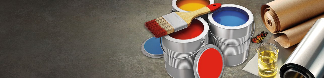 Paint cans and rolls of metal & paper