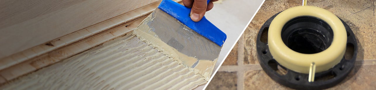 Man spreading an adhesive, and a bowl ring