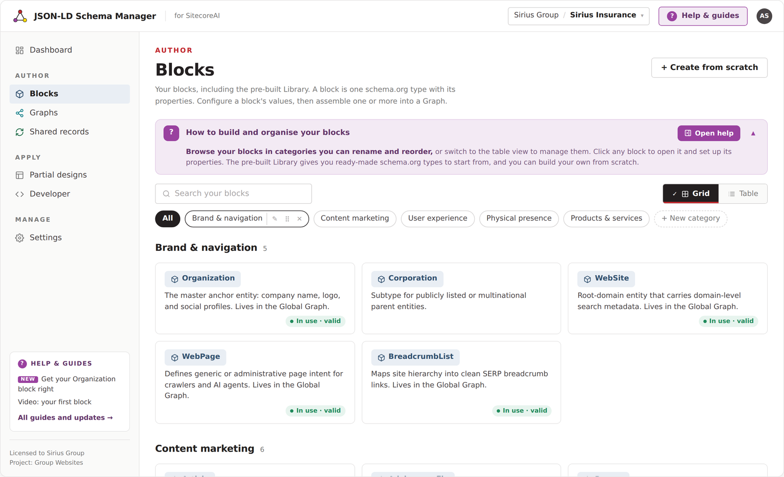 The Blocks screen in JSON-LD Schema Manager. Ready-made Schema.org blocks are grouped into categories such as Brand and navigation, Content marketing and Products and services. The Brand and navigation group shows Organization, Corporation, WebSite, WebPage and BreadcrumbList blocks, most marked in use and valid.