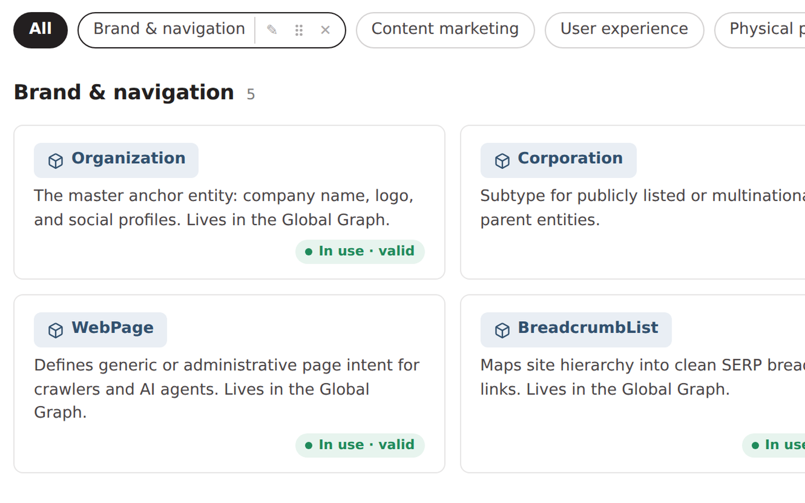 The block library in JSON-LD Schema Manager, showing the Brand and navigation category with Organization, Corporation, WebPage and BreadcrumbList blocks marked in use and valid (MOCKUP)