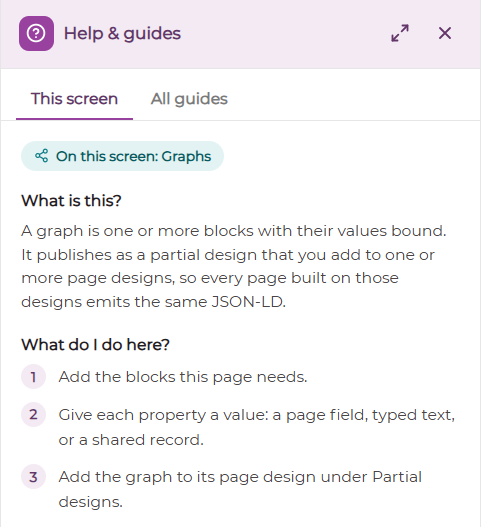 The Help and guides drawer open beside the Graphs screen, explaining what a graph is and the three steps to build one (MOCKUP)