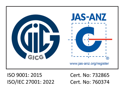 ISO 9001 and ISO/IEC 27001 certification mark, GICG and JAS-ANZ