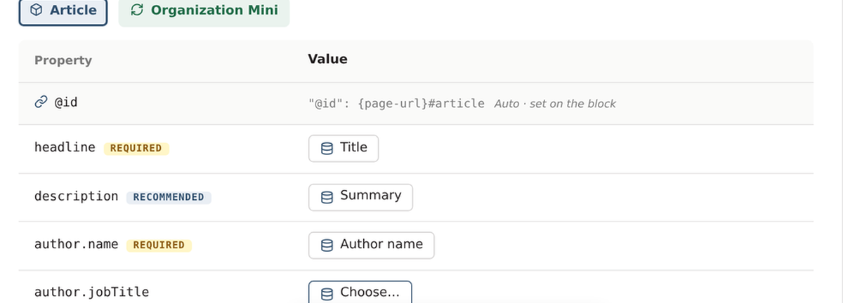 Close-up of the property table in the graph editor. Each Schema.org property, such as headline and author name, is paired with a page template field, and badges show which properties are required or recommended. (MOCKUP)