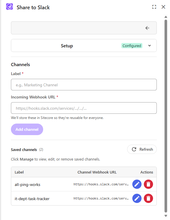 The Channels list after adding a webhook