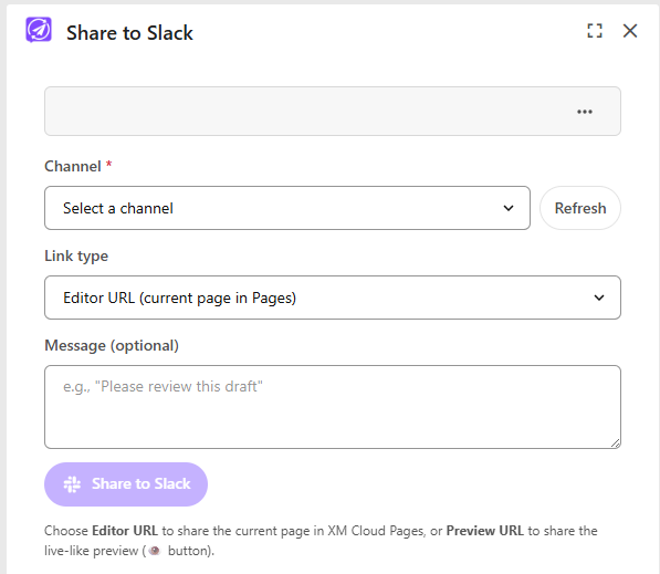 The Share to Slack panel in the Pages editor