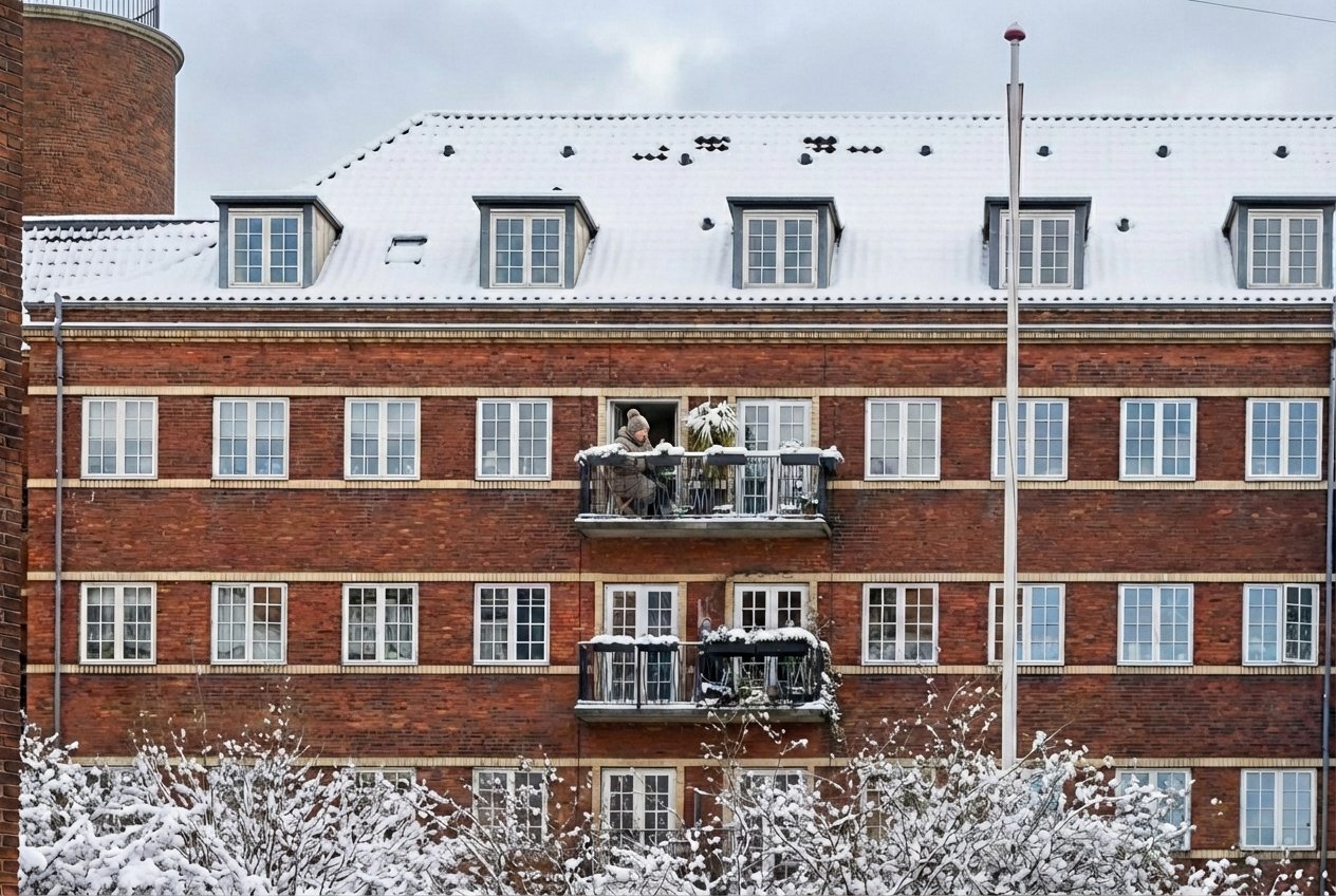 Sygeplejerskernes Hus dame på altan vinter