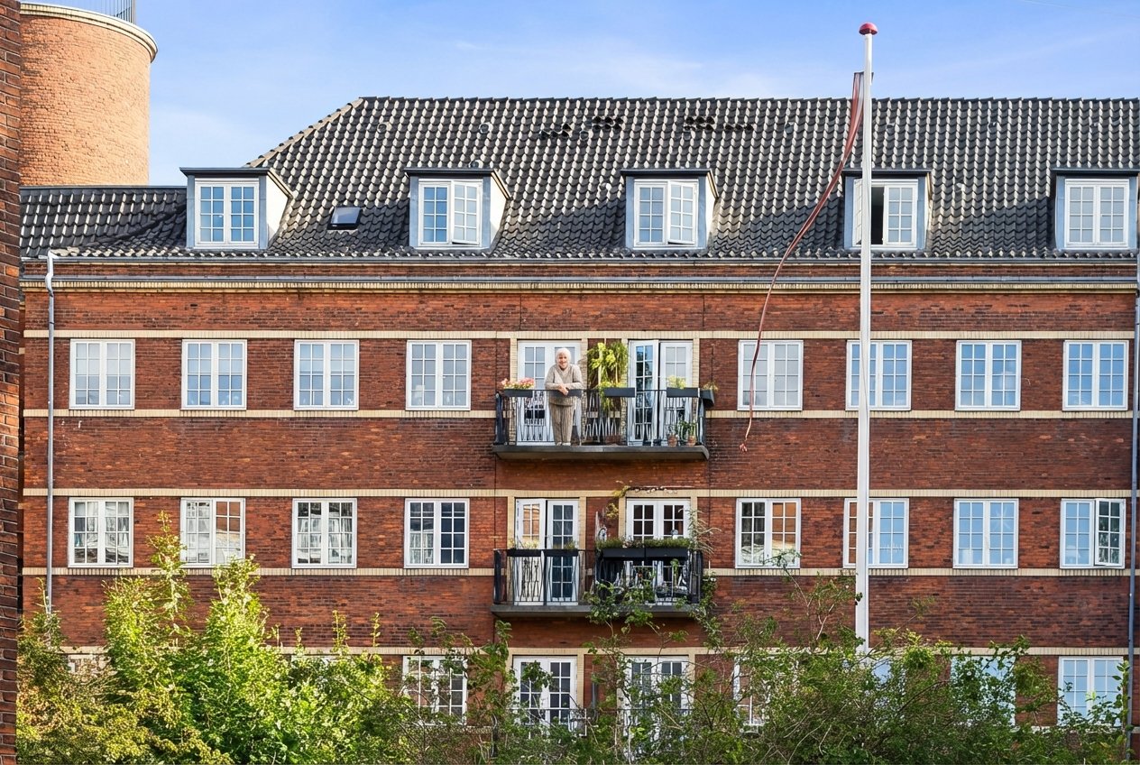 Sygeplejerskernes Hus med dame på altanen sommer 