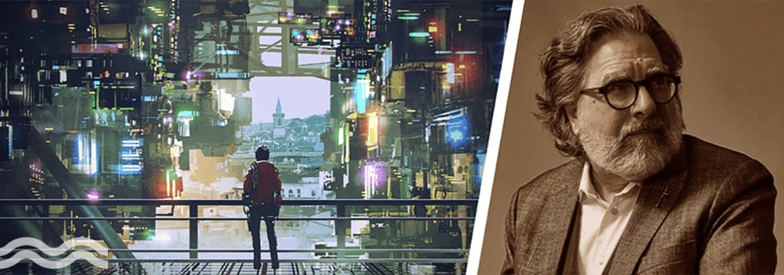 A split image of a cyberpunk digital art piece, and a portrait of Will Sarni
