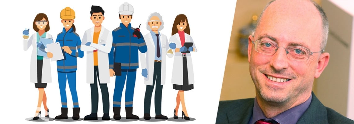 A split image of Mark van Loosdrecht and a digital art piece depicting  people in different professions.