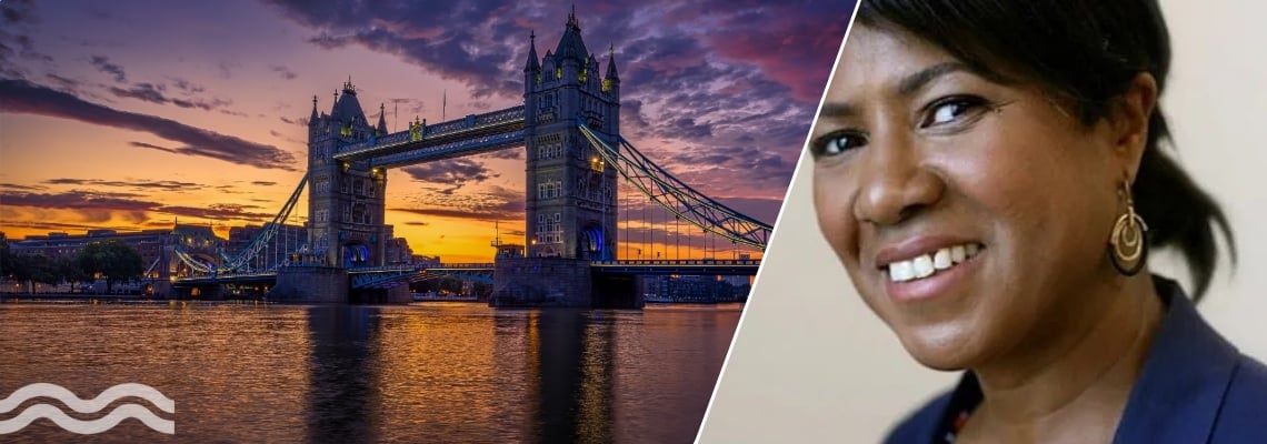 A split image of the Thames with the Tower bridge and a portrait of Lila Thompson