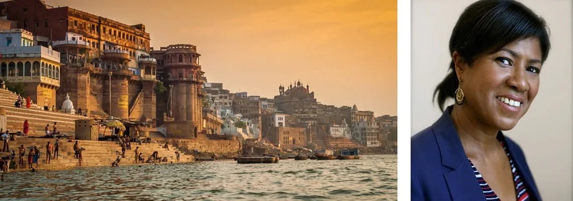 A split image of the ganga river and a portrait of Lila Thompson