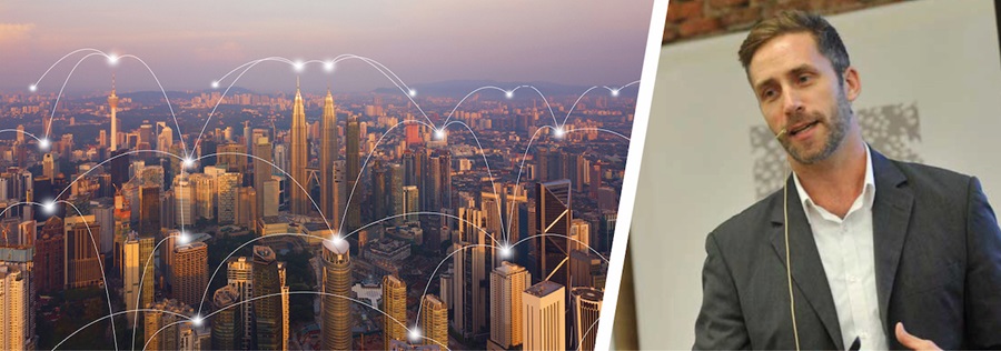 Split image of a cityscape with digital art overlaid depicting a web of connected dots and lines, and a portrait of Keith Hays