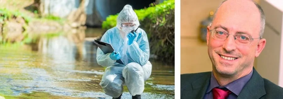 split image of a scientist testing a water sample and a portrait of Mark van Loosdrecht.