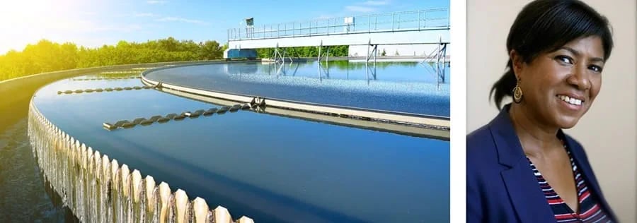 split image of a water treatment installation and a portrait of Lila Thompson