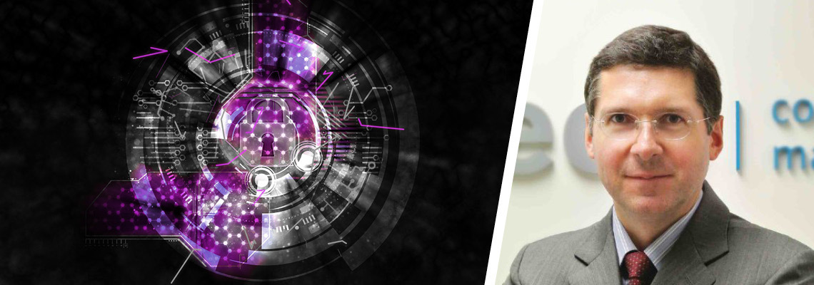 A split image of a digital art piece depicting a lock, and a portrait of Bruno Lhopiteau
