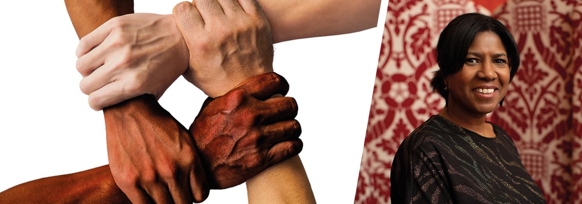 A split image of 4 people interlocking their arms and a portrait of Lila Thompson