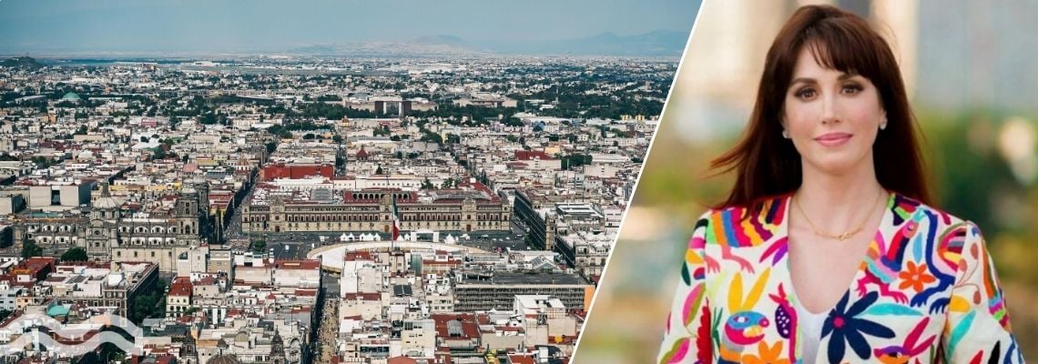 A photo overlooking Mexico City with an inset image of Paola Felix Diaz