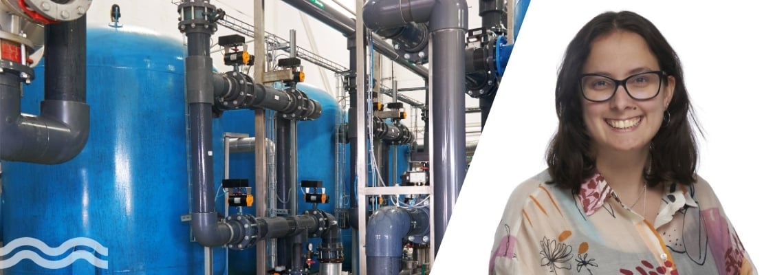 Francisca Braga and internal pipes and tanks of a water treatment plant