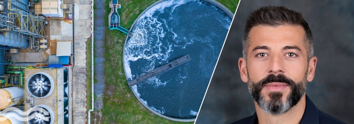 Daniele Strongone and an aerial view of a treatment tank in a wastewater treatment plant