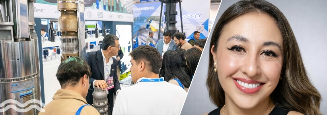 Crowds of attendees in the walkways of the Aquatech Mexico exhibition AND author Eunice Roque