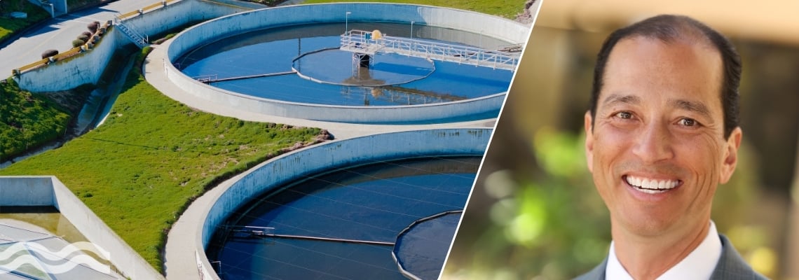 Paul Scuito and a secondary clarifier at a wastewater treatment plant