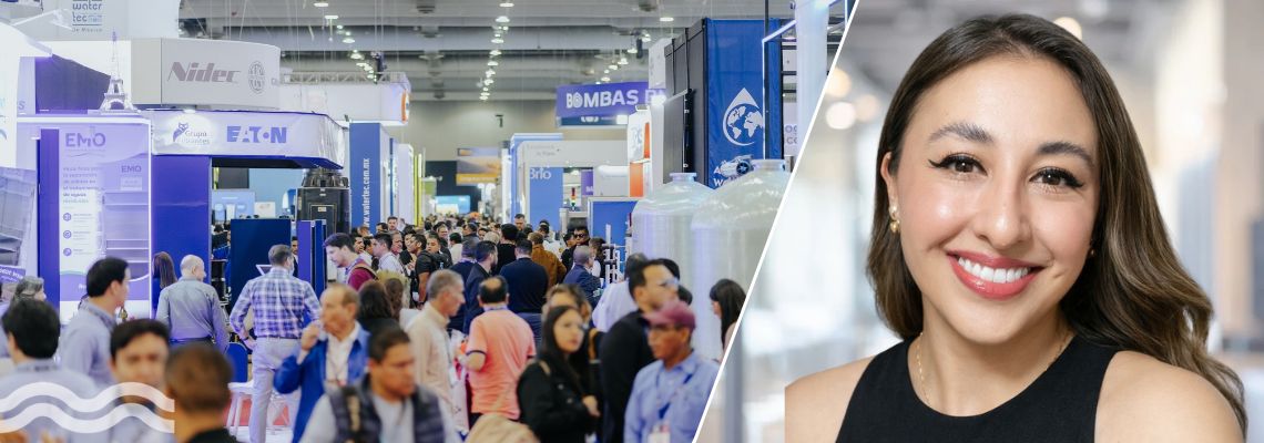 Eunice Roque and a photo of a previous Aquatech Mexico show