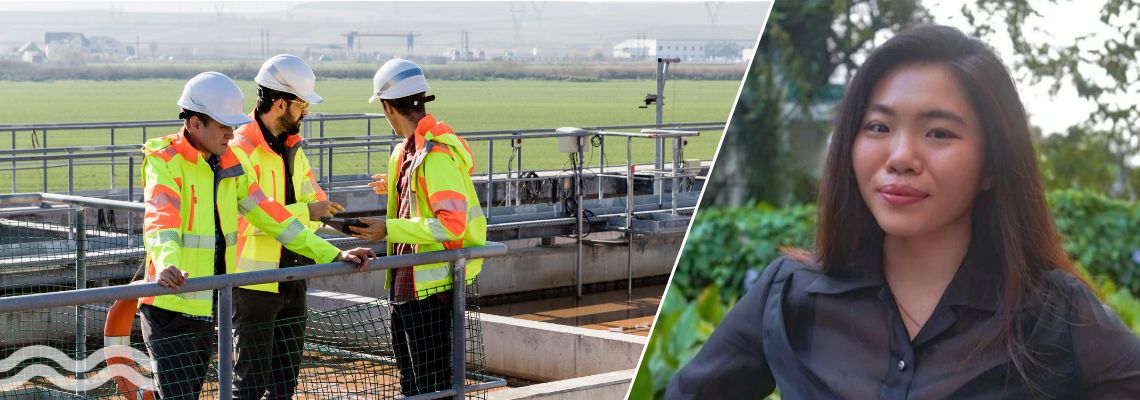 Laura Chan, recruiter, in front of two engineers assessing the performance of a wastewater treatment plant