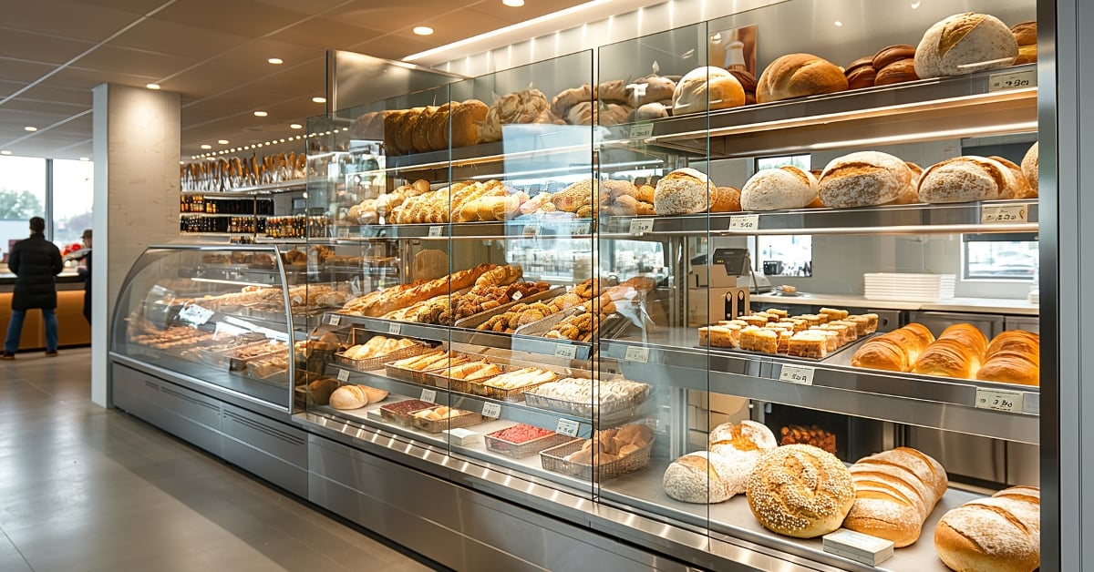 Moderne bakkerij-afdeling in een tankstation met glazen vitrine vol vers brood, broodjes en gebak
