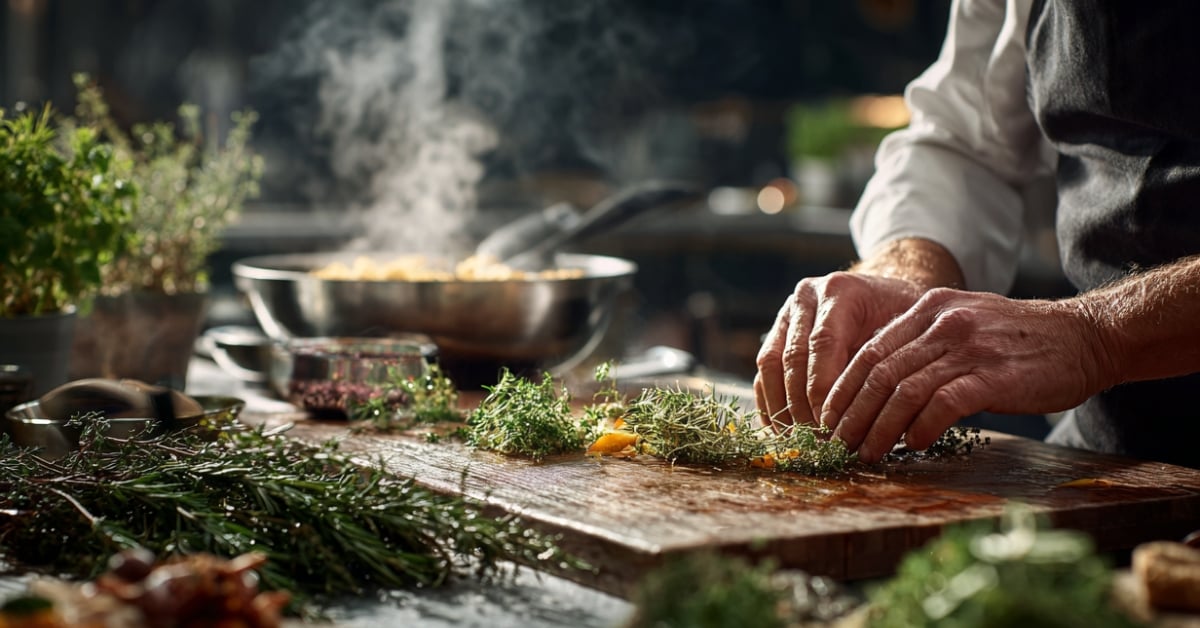 Chef bereidt verse kruiden en groenten op een houten werkblad in een professionele keuken, met stoom opstijgend uit een pan op de achtergrond.