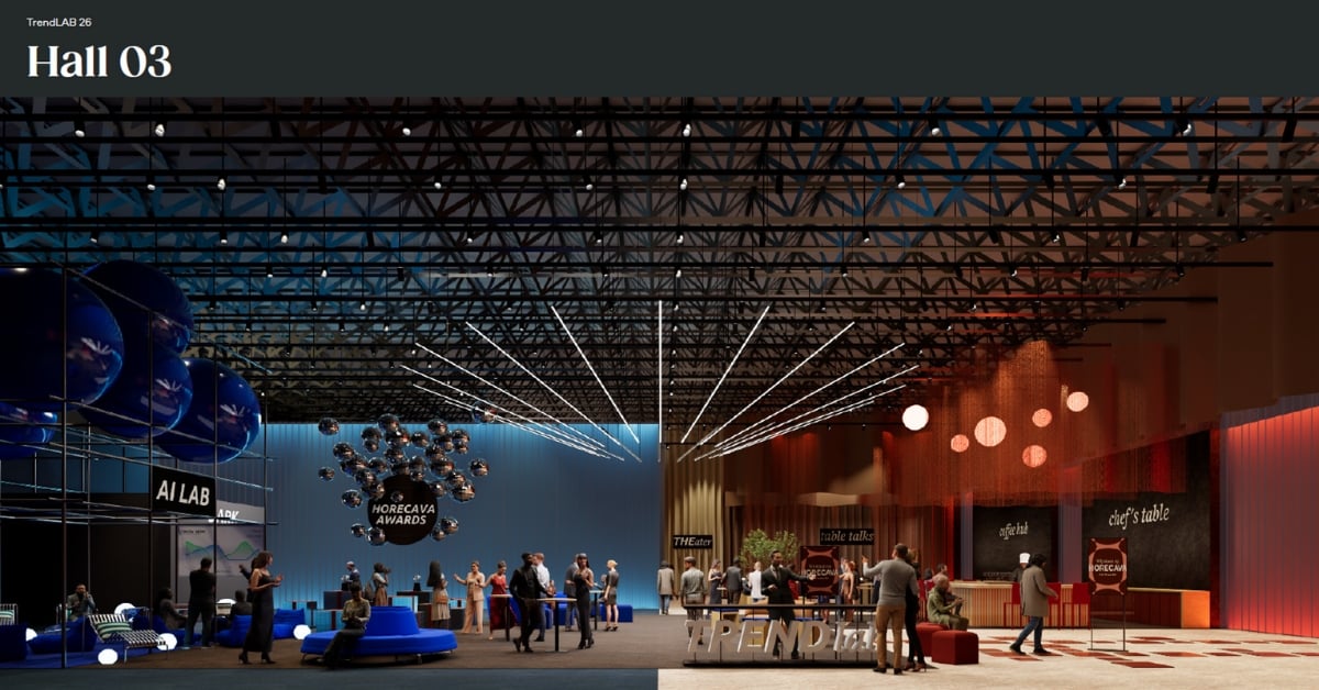 Impressie van het TrendLAB in Hal 3 op Horecava, met zones zoals het AI LAB, Horecava Awards, table talks, coffee hub en chef’s table in een sfeervol ingericht beursdecor.