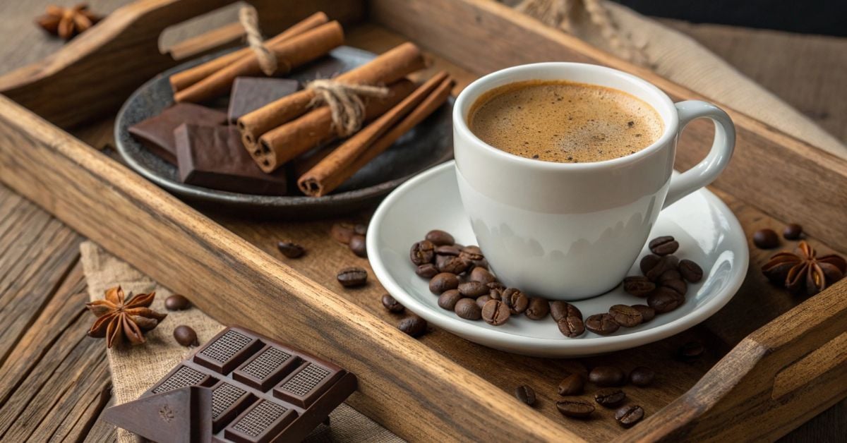 Kop koffie geserveerd op een houten dienblad met koffiebonen, pure chocolade, kaneelstokjes en steranijs