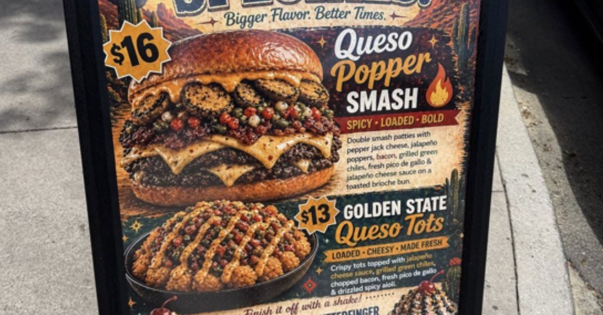 Reclamebord met grote burger en loaded tots bij een horecazaak