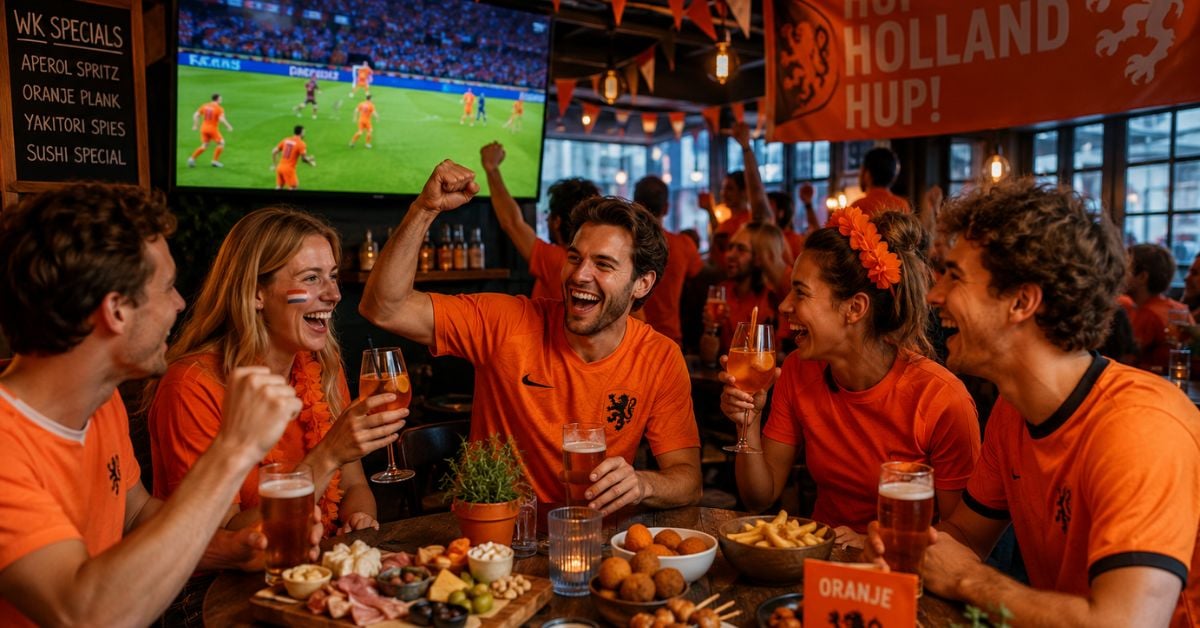 Oranje supporters kijken samen een WK-wedstrijd in een horecazaak met drankjes en borrelhapjes op tafel