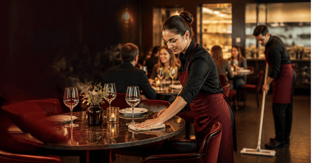 Personeel houdt het restaurant schoon