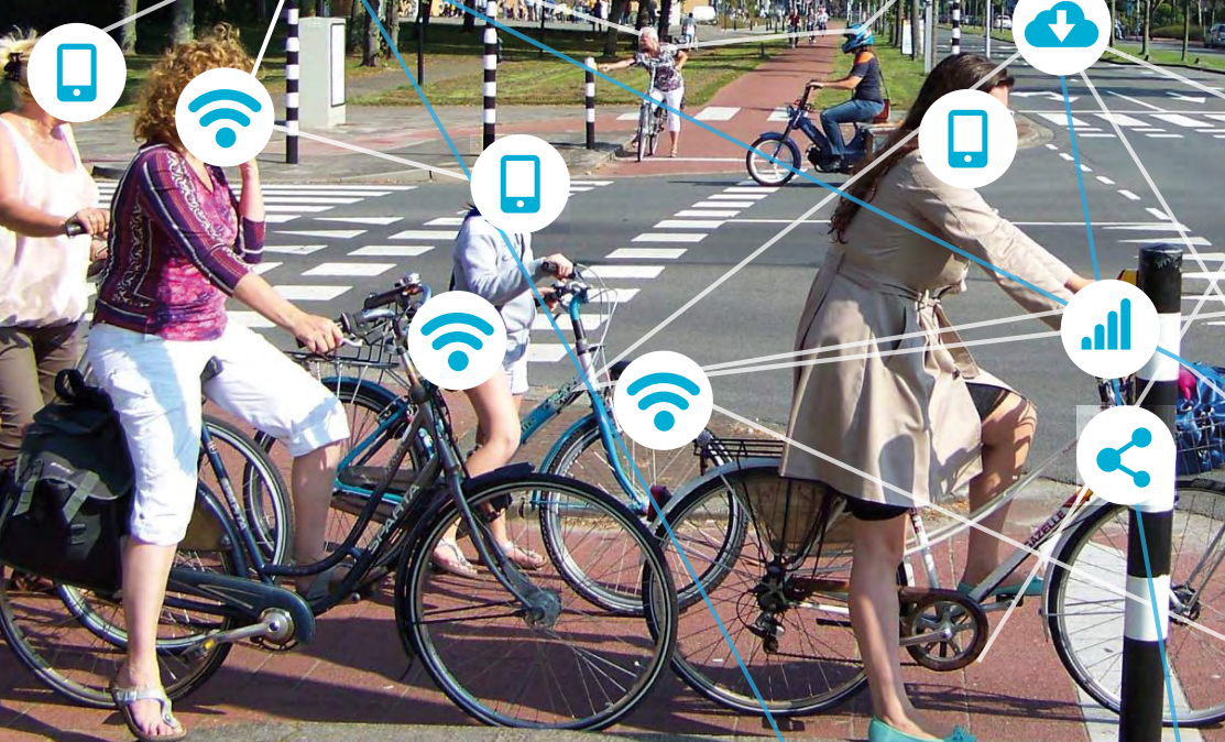 Cyclists at a Dutch junction overlaid with connected mobility icons showing phones, WiFi and data links.