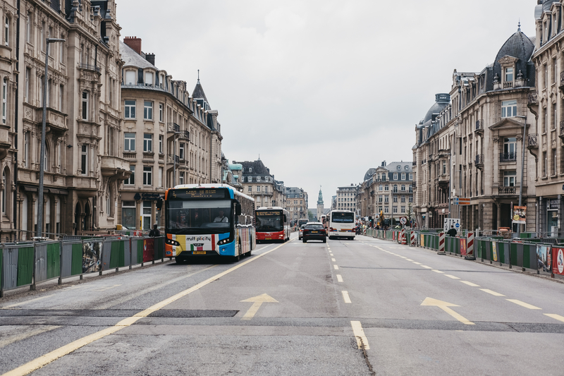 City buses in central Luxembourg, reflecting nationwide free public transport policy
