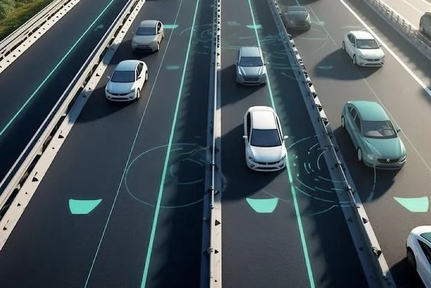 Electric Road System lane with inductive charging visualised on a Swedish highway