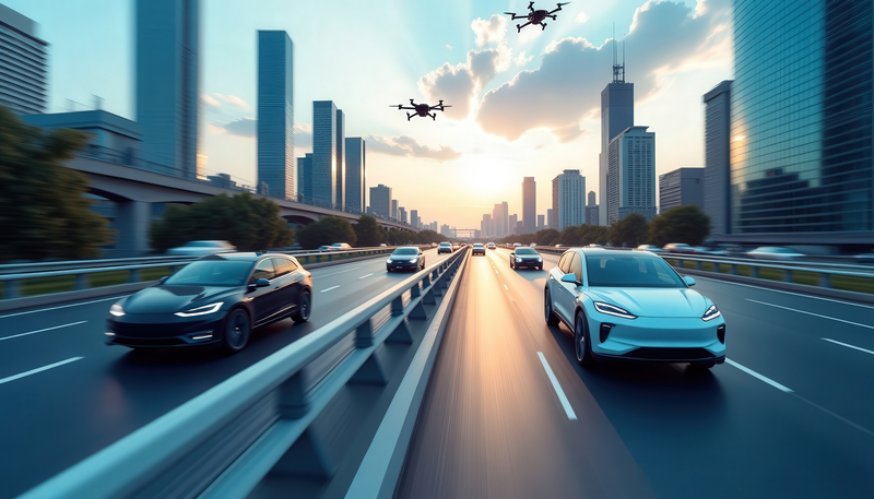 Autonomous cars on a modern city expressway while two drones fly above the skyline at sunset.