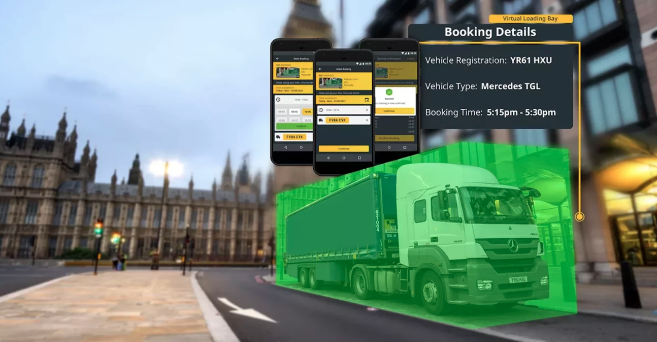 Virtual loading bay concept with a truck reservation system displayed on mobile devices